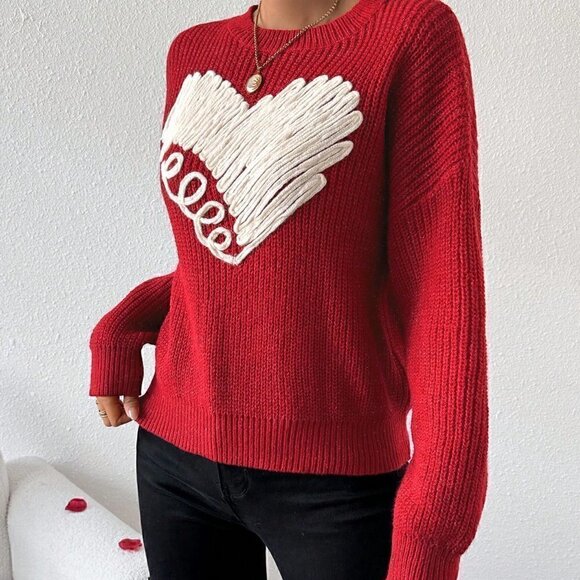 Red Casual Womens Love Heart Patchwork Drop Shoulder Sweater - Picture 4 of 5
